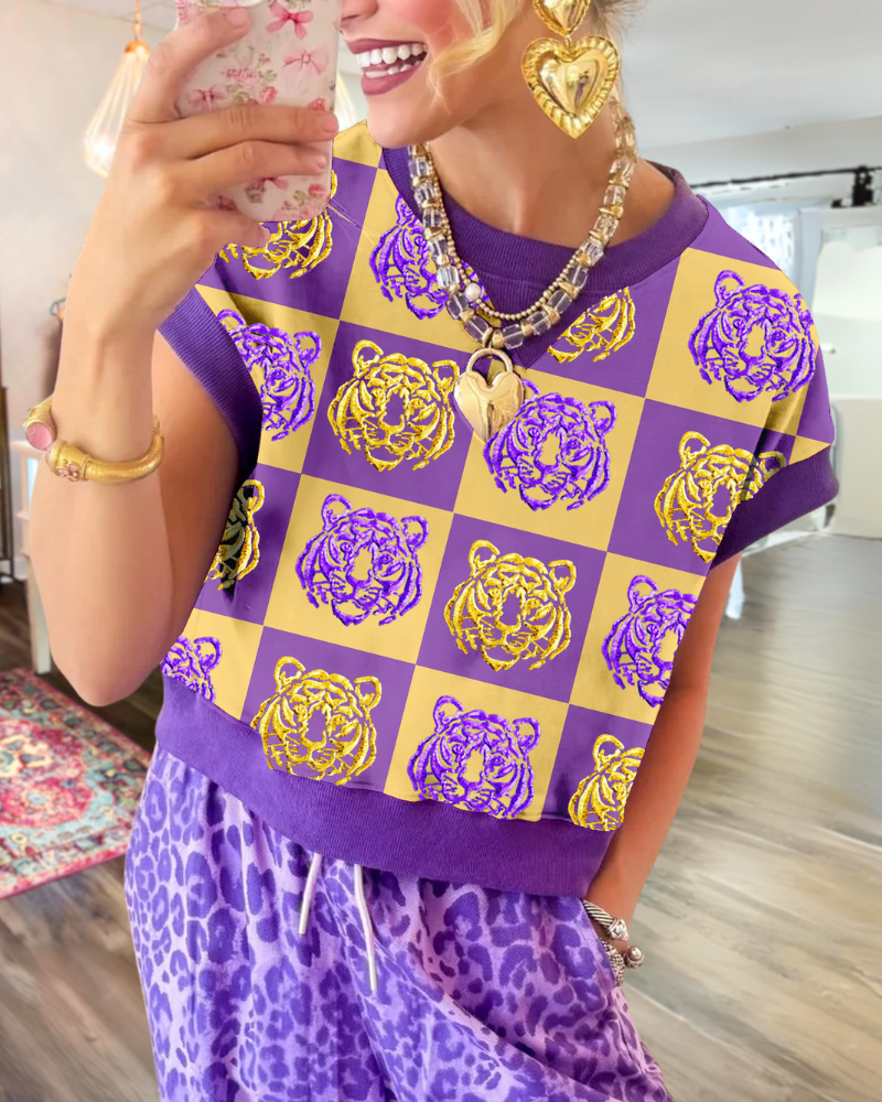 Tiger Sequined Plaid Top