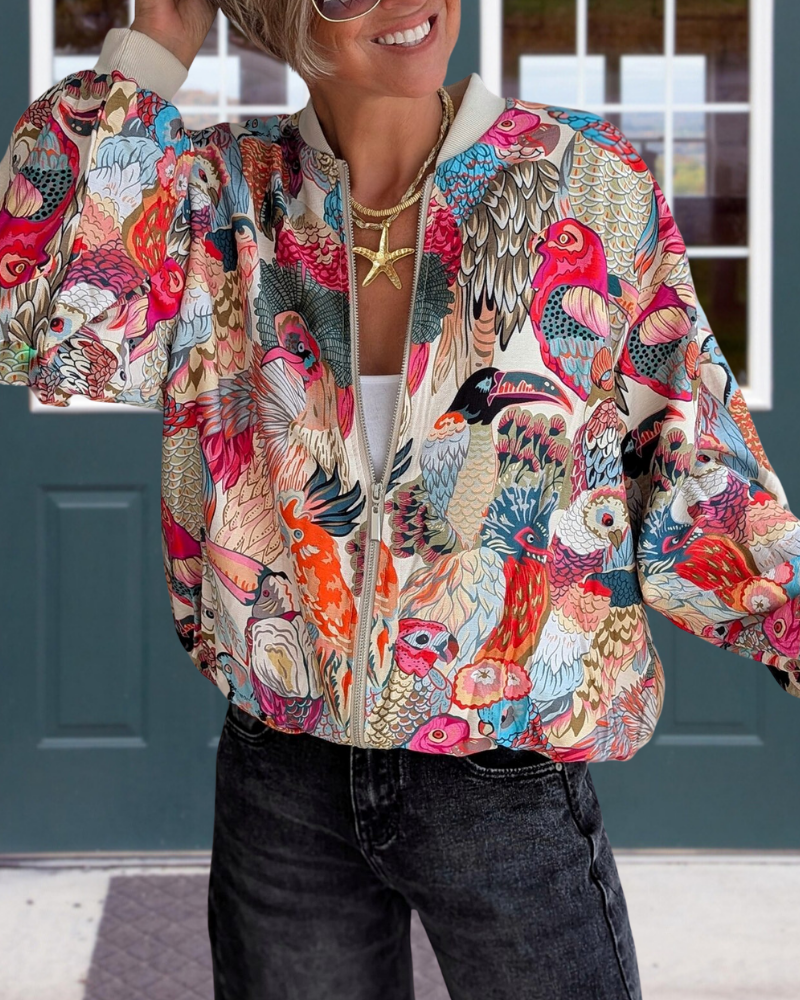 Stylish Colorful Bird Zip-Up Jacket