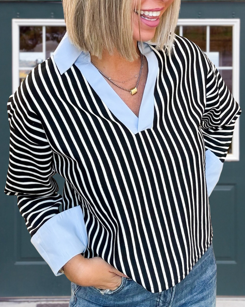 Elegant Contrast Trim Striped Top