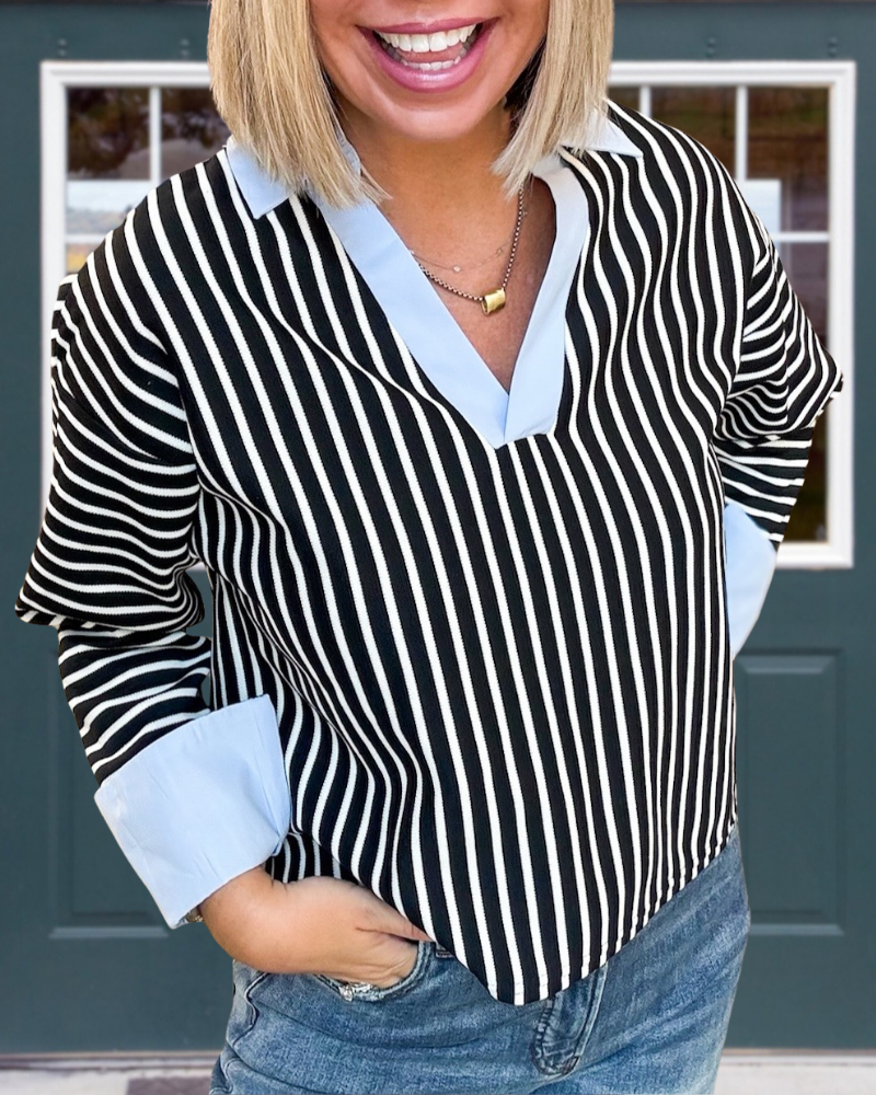 Elegant Contrast Trim Striped Top