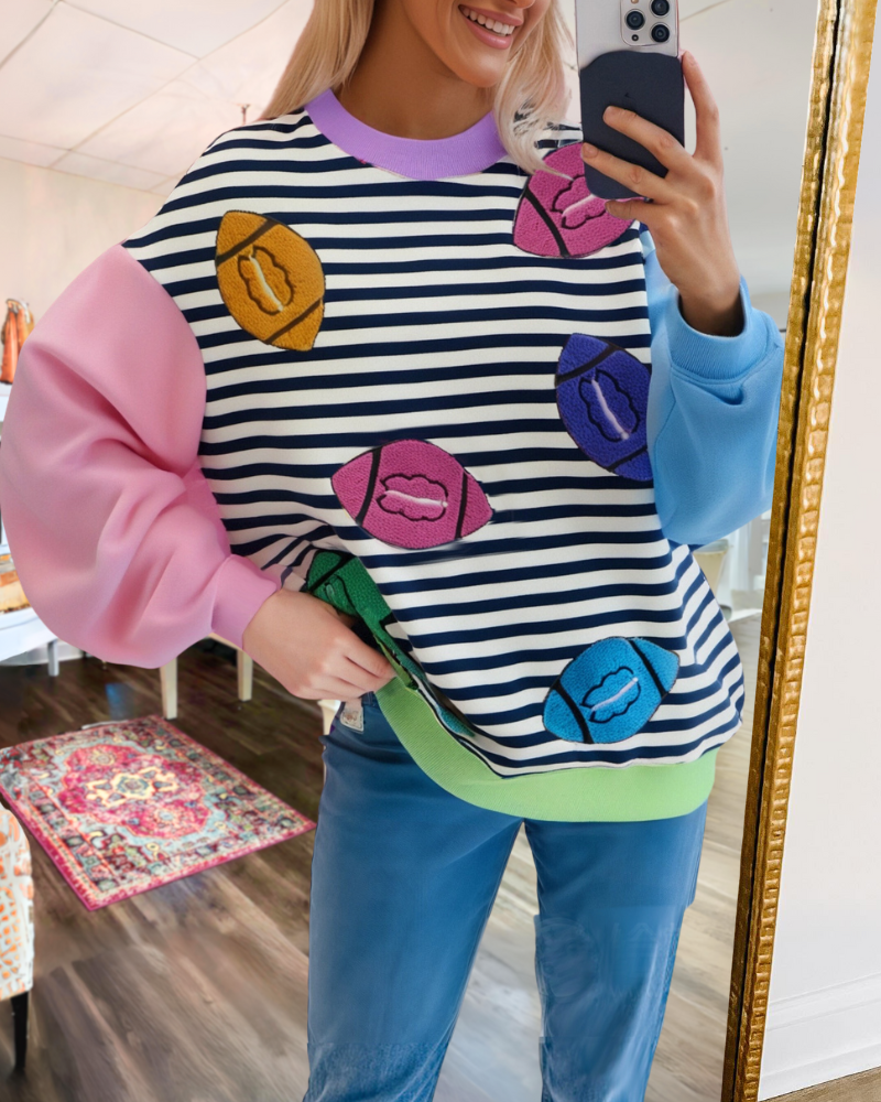 Colorblock Rugby Embroidery Striped Sweatshirt