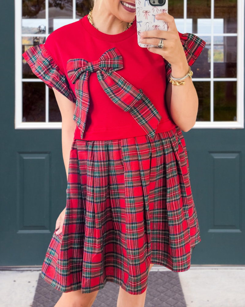 Ruffle Bow Patchwork Plaid Dress