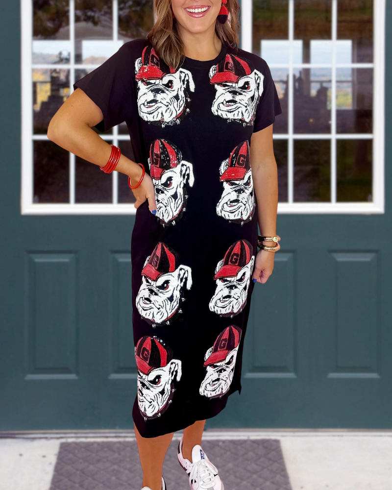 Bulldog Sequined Crewneck Dress
