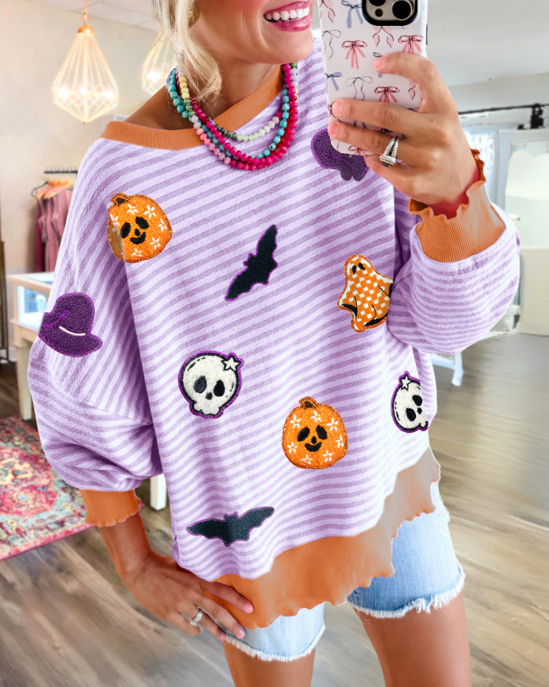 Playful Halloween Embroidered Striped Sweatshirt