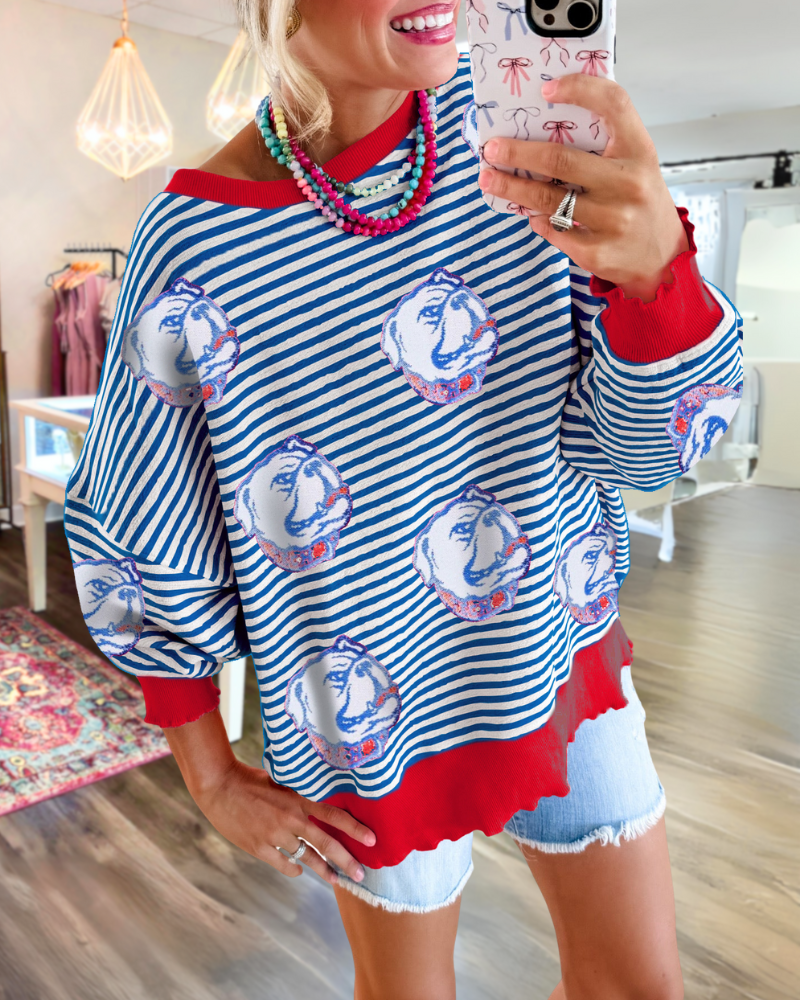 Sequin Bulldog Striped Sweatshirt