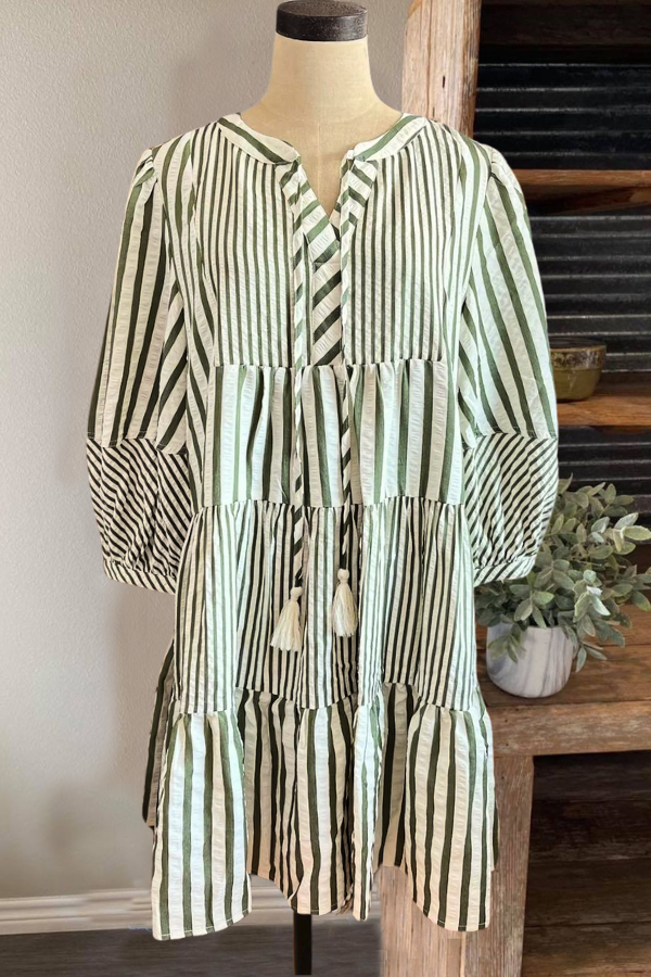 Green Ruffle Striped Mini Dress