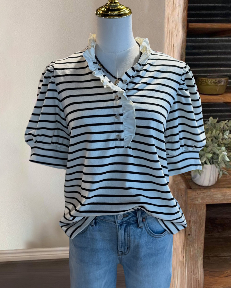 Elegant Striped Ruffle Trim Top