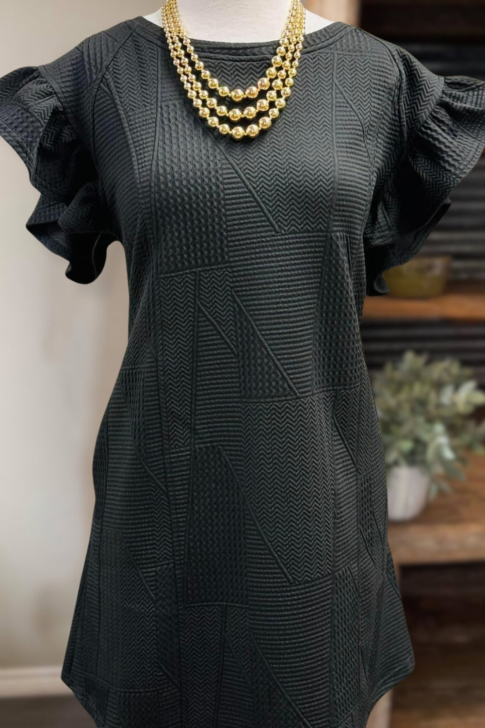 Quilted Flutter Sleeve Textured Dress