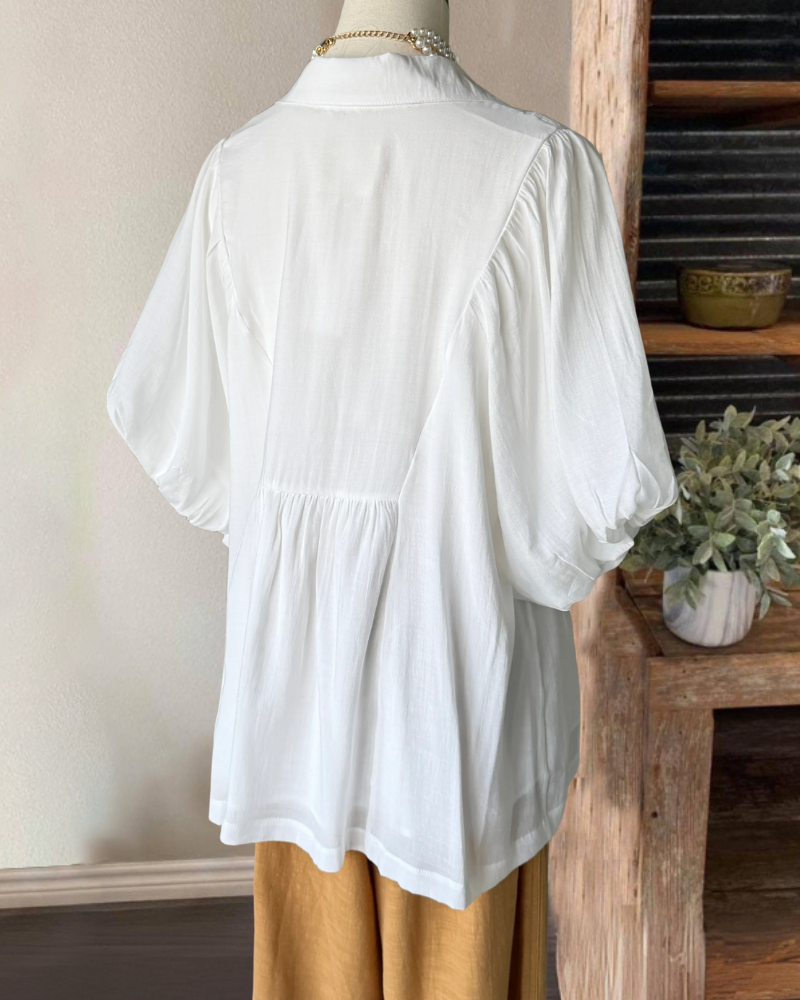 Simple Pleated Linen V-Neck Top