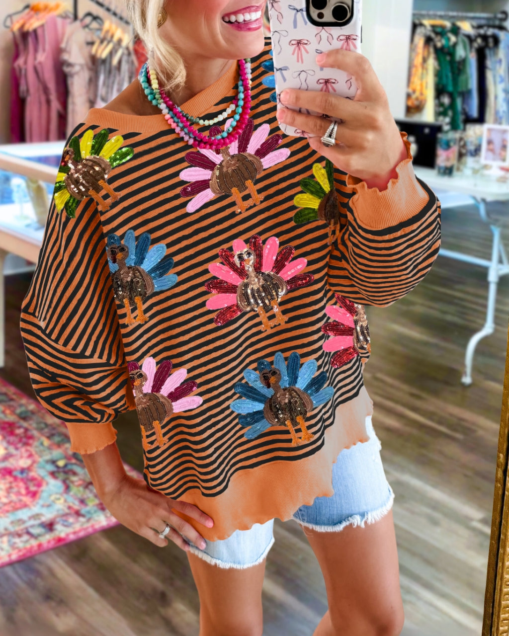 Colorful Turkey Sequin Stripe Sweatshirt