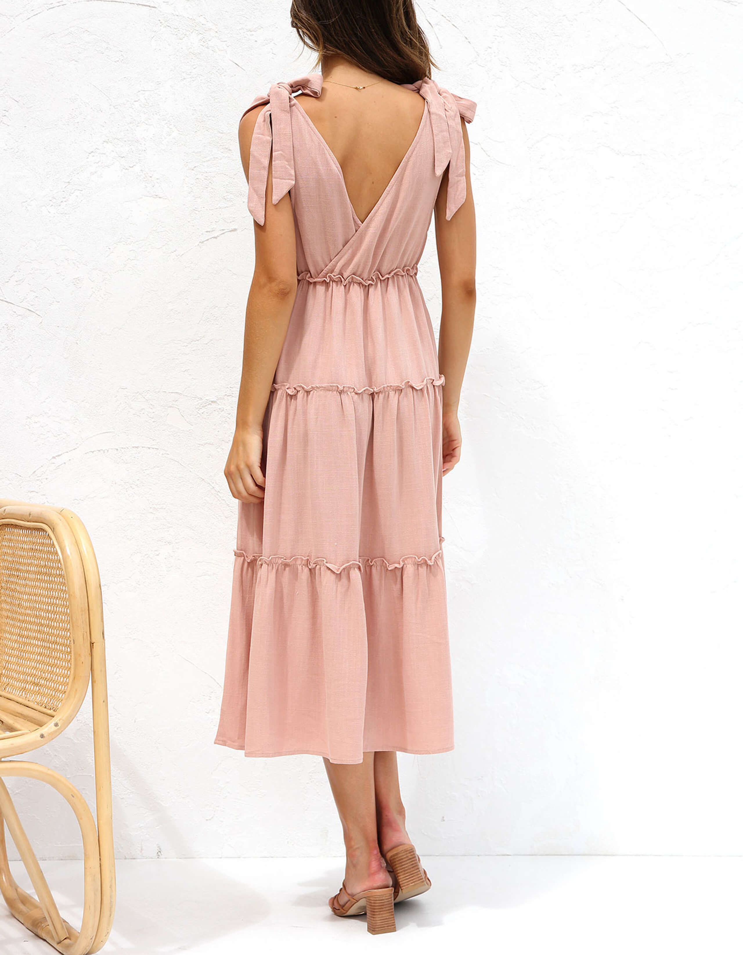 Elegant Linen V-Neck Tie Dress