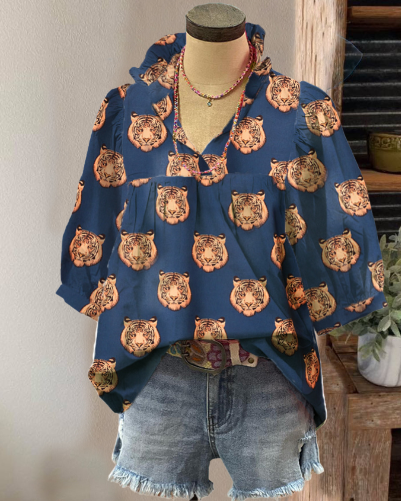 Playful Tiger Patterned Satin Top