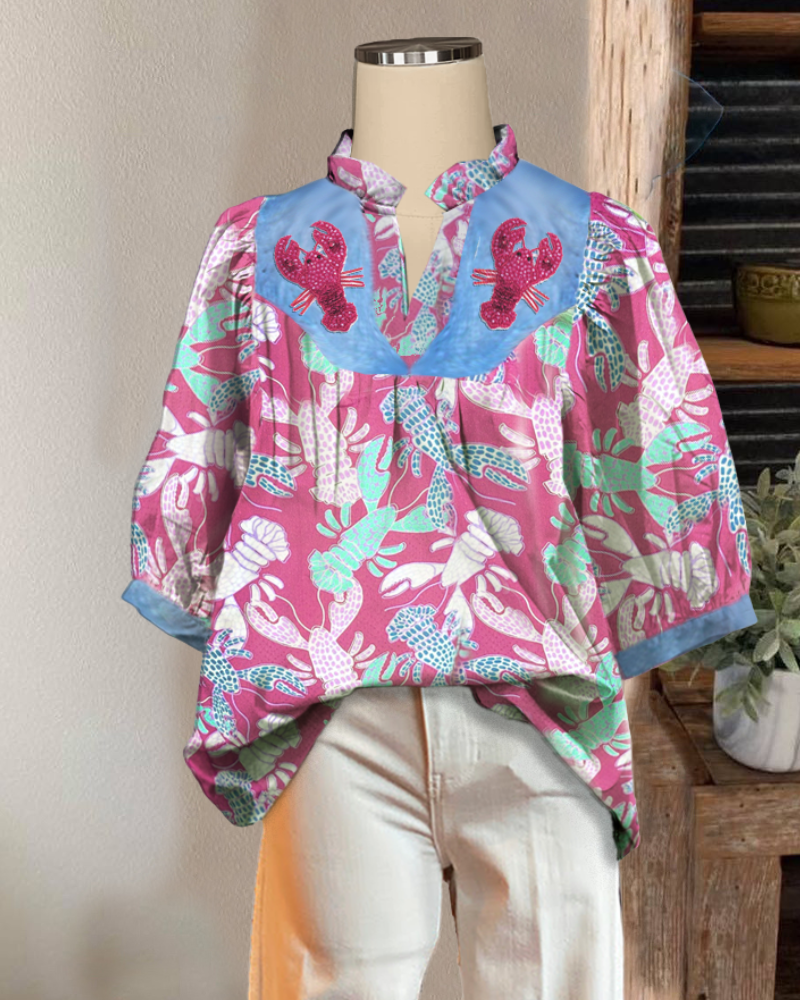 Lobster Puff Sleeve V-Neck Top