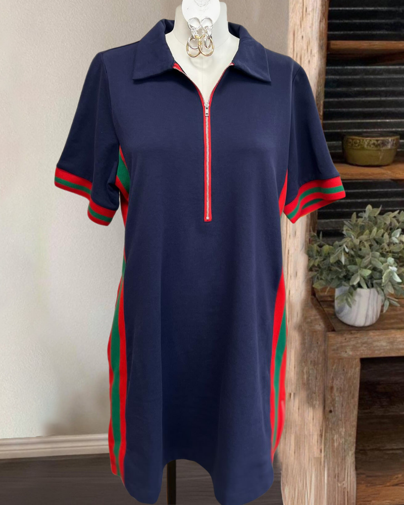Contrast Stripe Trim Half-Zip Dress
