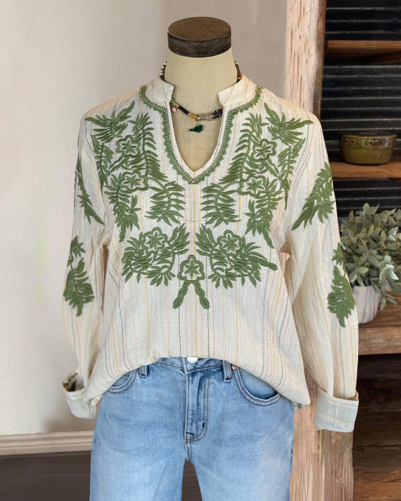 Elegant Botanical Embroidery Top