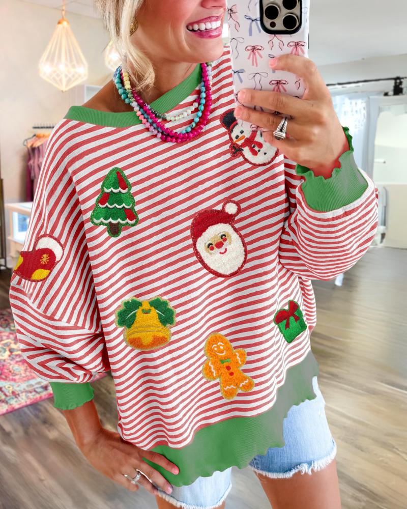Playful Christmas Sequin Striped Sweatshirt