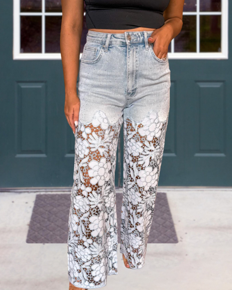 Floral Denim Lace Panel Trousers
