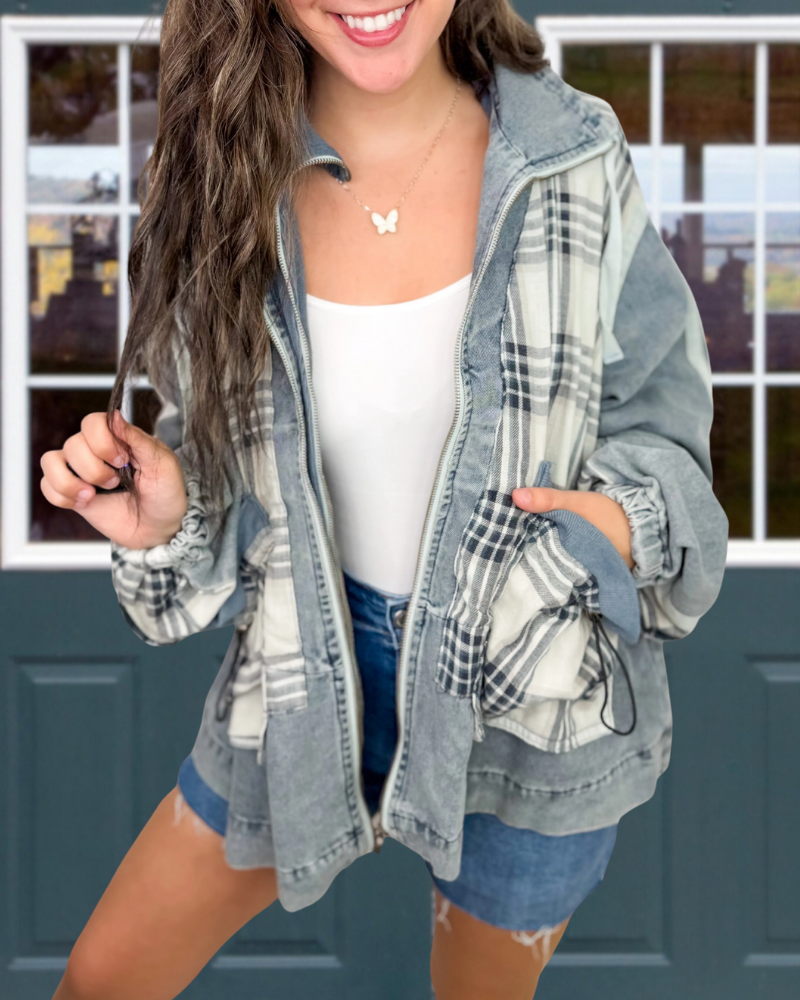 Oversized Plaid Zip-Up Jacket