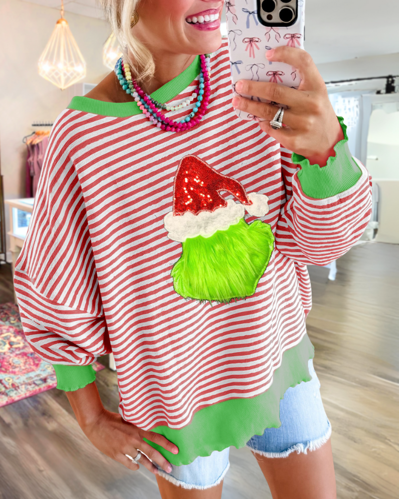 Santa Hat Grinch Sequin Striped Sweatshirt