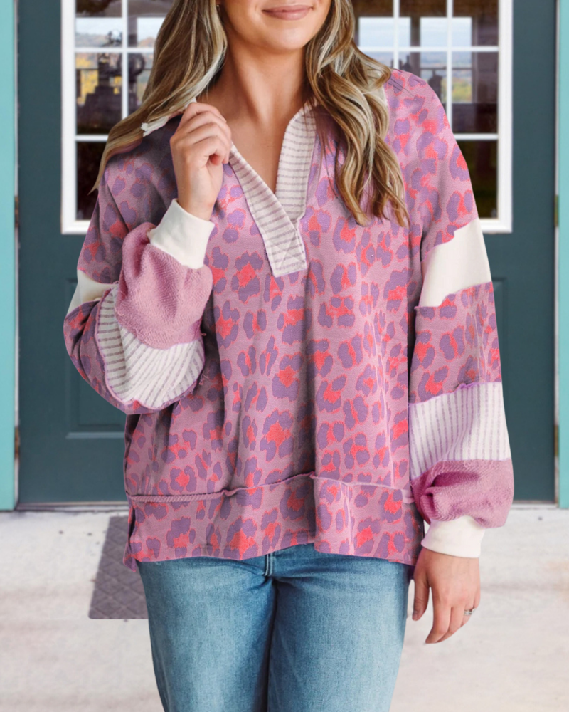 Leopard Stripe Trim Pullover