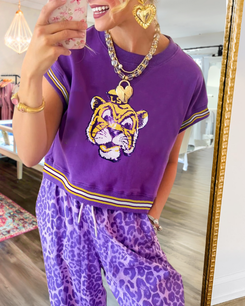 LSU Tiger Sequin Stripe Trim Top