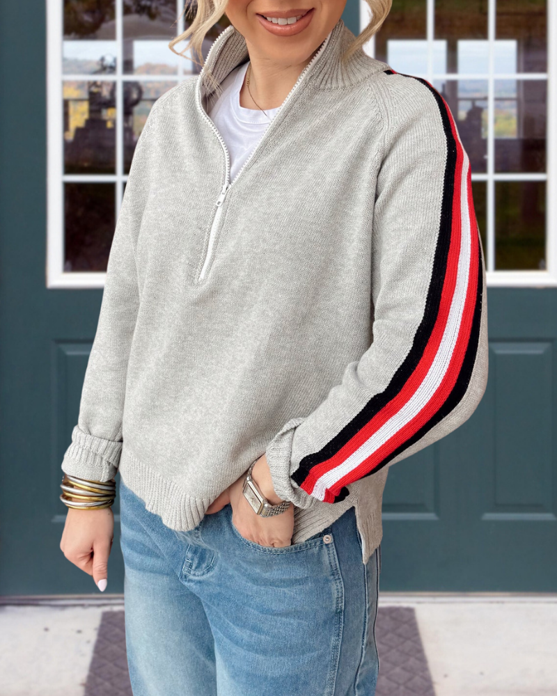 Stripe Trim Half-Zip Sweater