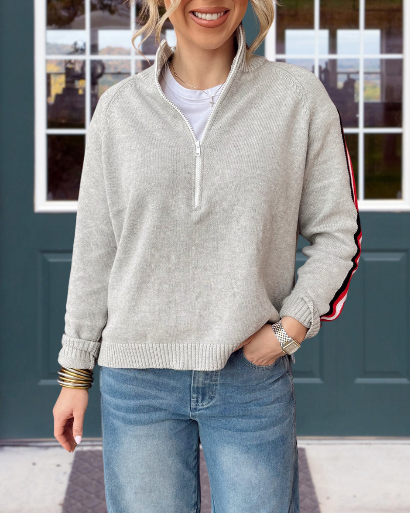 Stripe Trim Half-Zip Sweater