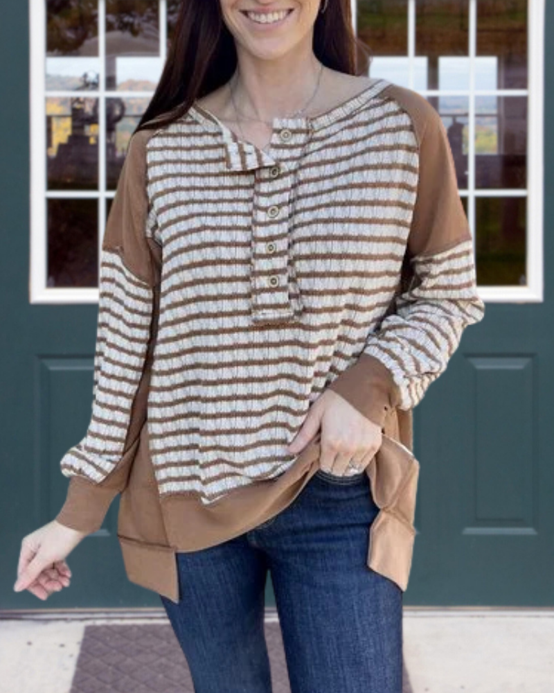 Oversized Striped Half-Collar Sweatshirt