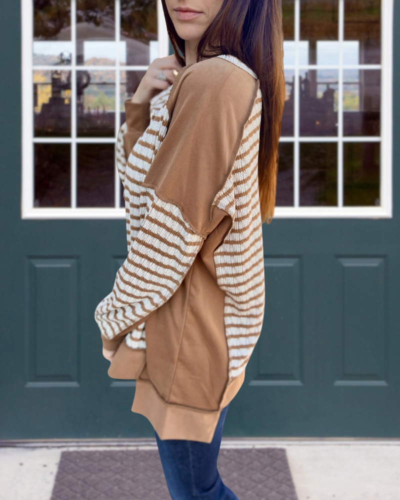 Oversized Striped Half-Collar Sweatshirt