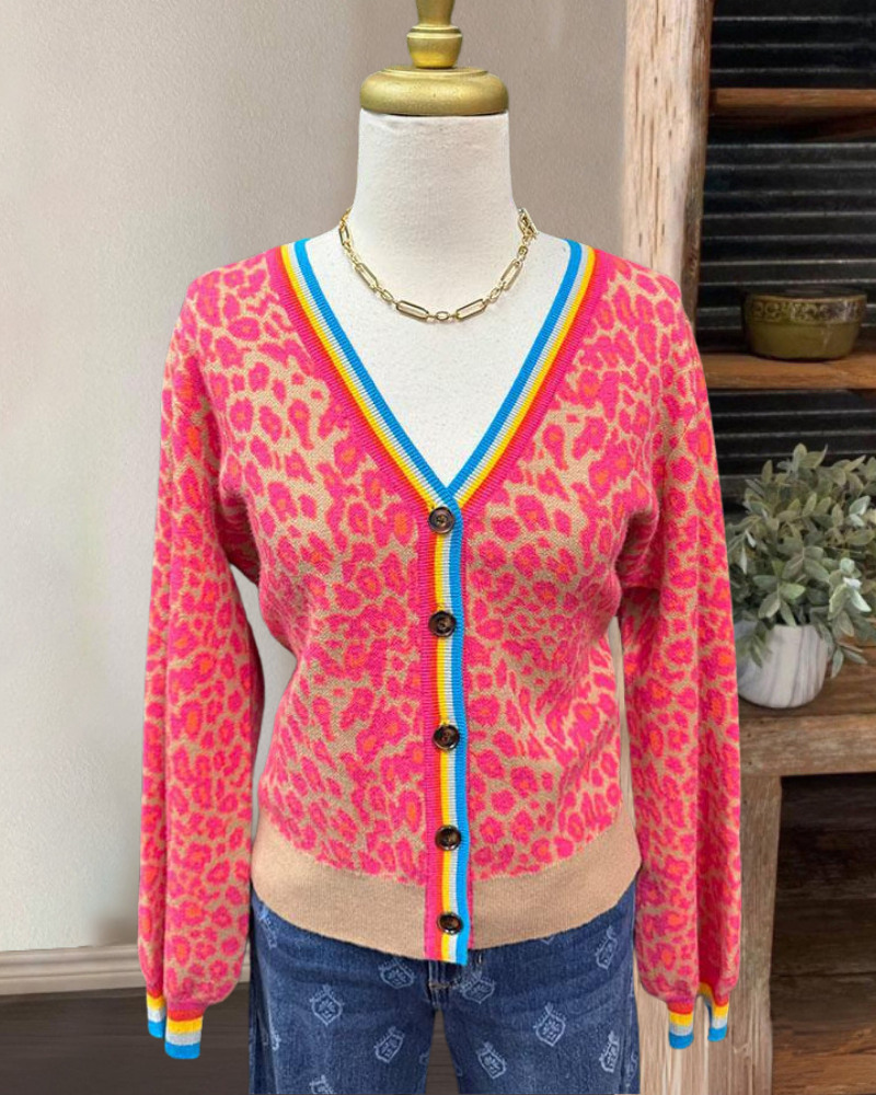 Leopard Stripe Trim Cardigan Sweater