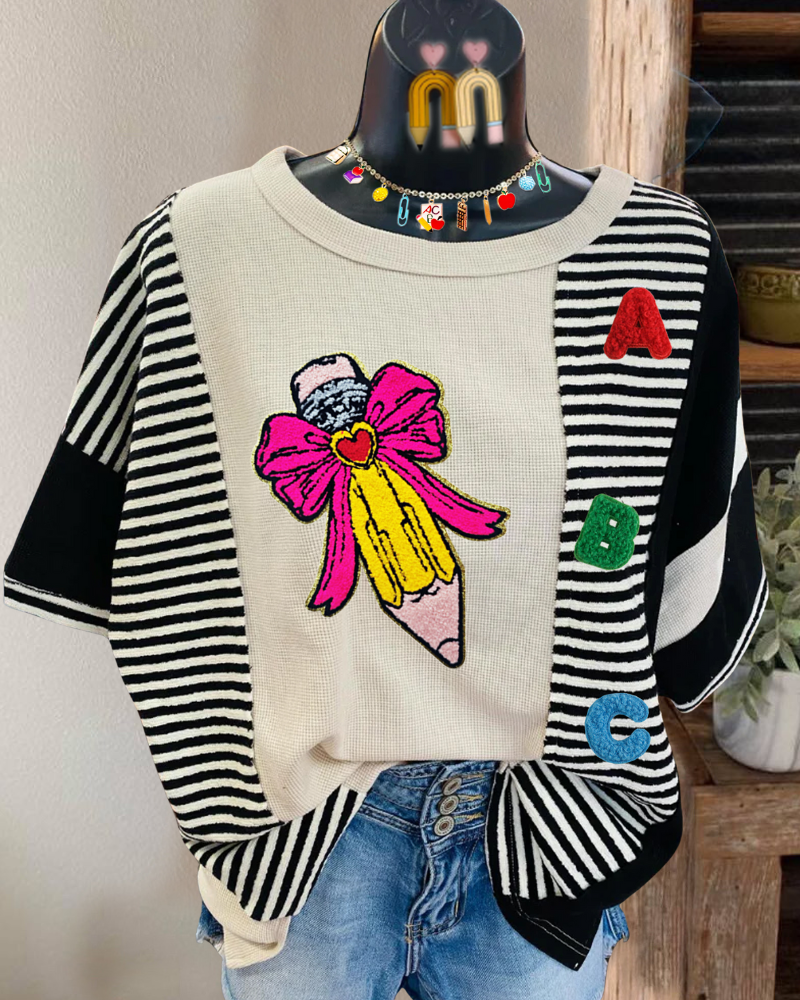 Bow Pencil Sequin Striped T-shirt