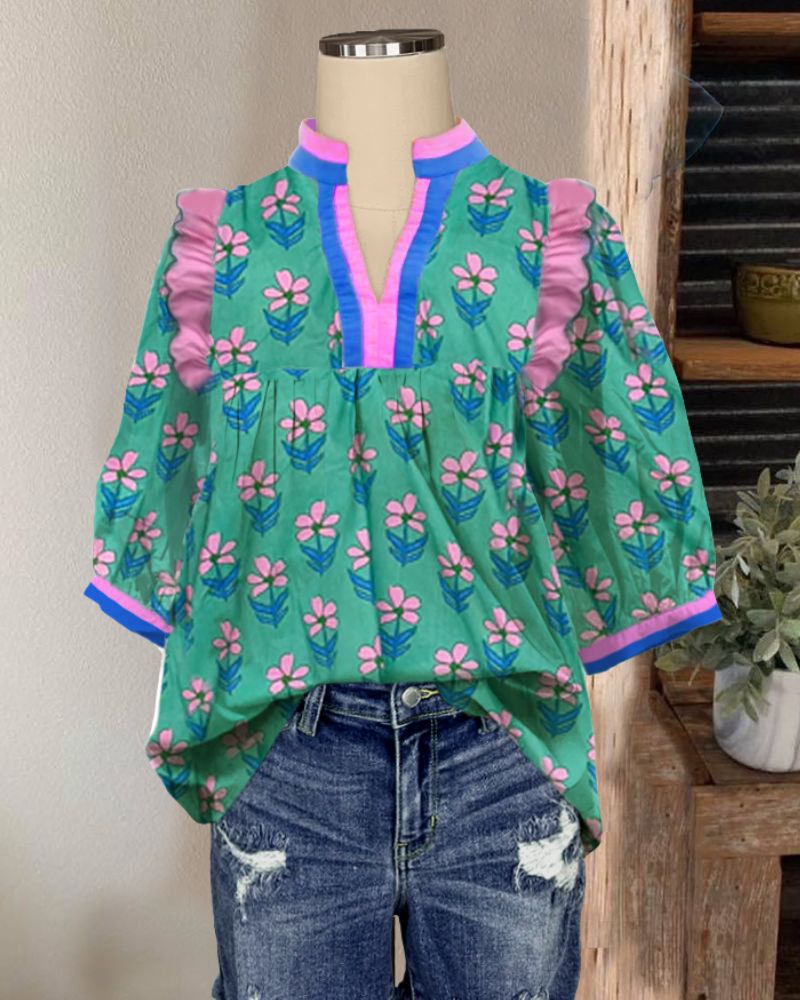 Floral Contrast Ruffle Top