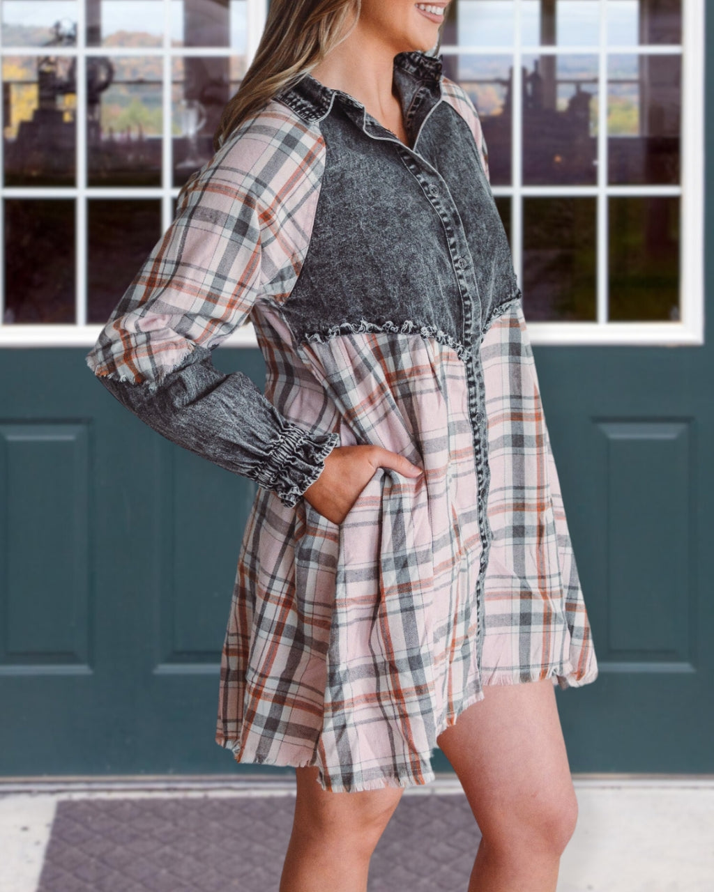 Mix Denim Plaid Dress