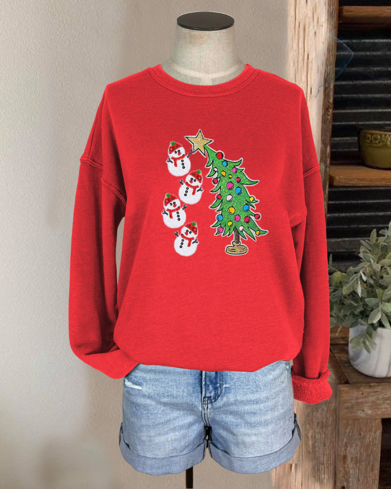 Christmas Tree Snowman Sequined Sweatshirt