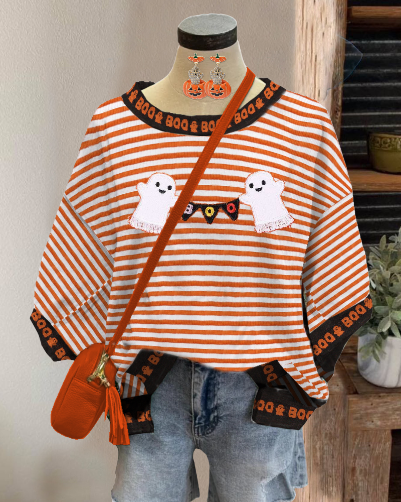 BOO ghost embroidered striped top