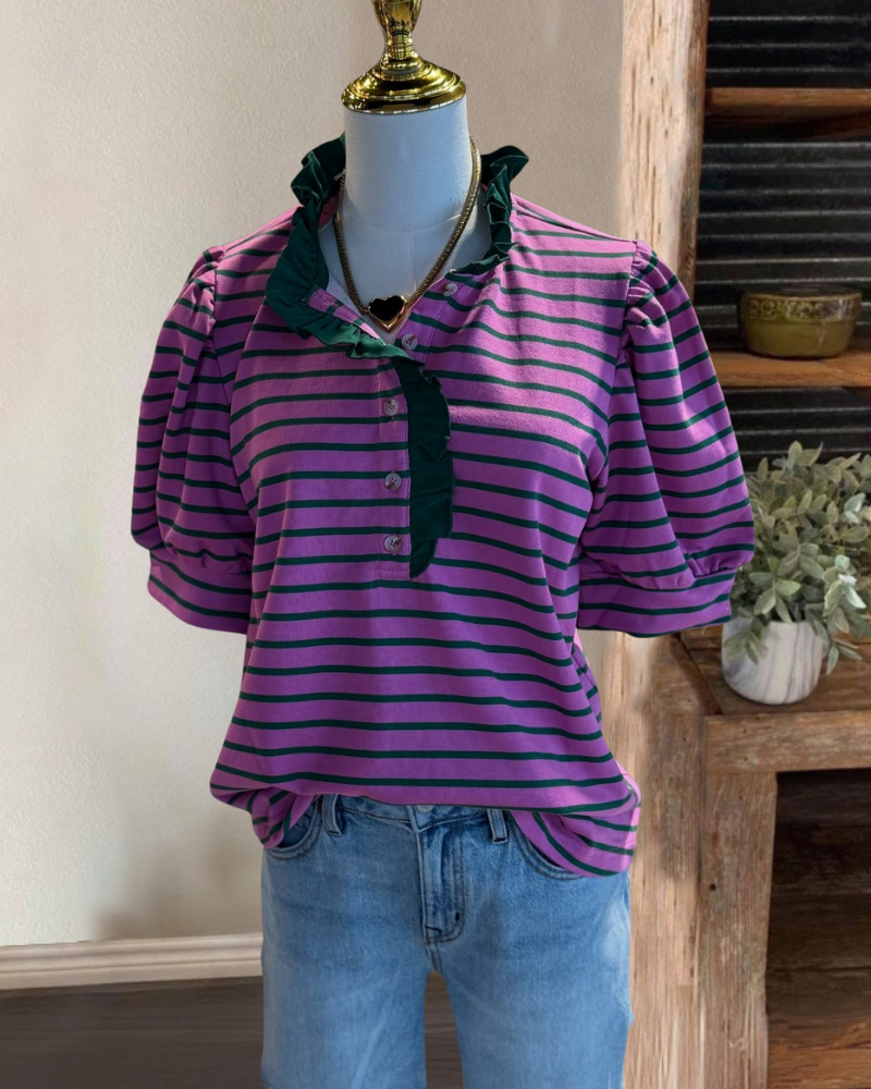 Elegant Striped Ruffle Trim Top