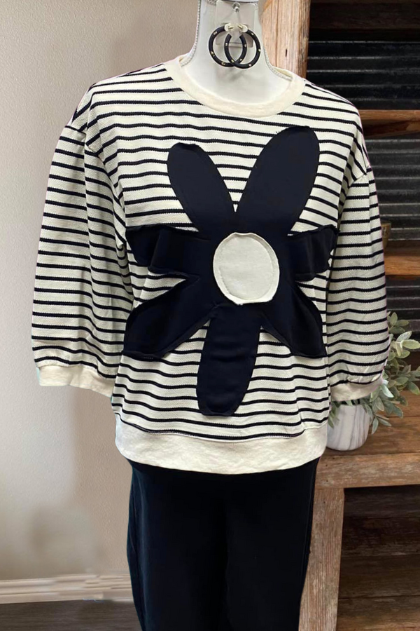 Striped Stitched Floral 3/4 Sleeve Sweatshirt