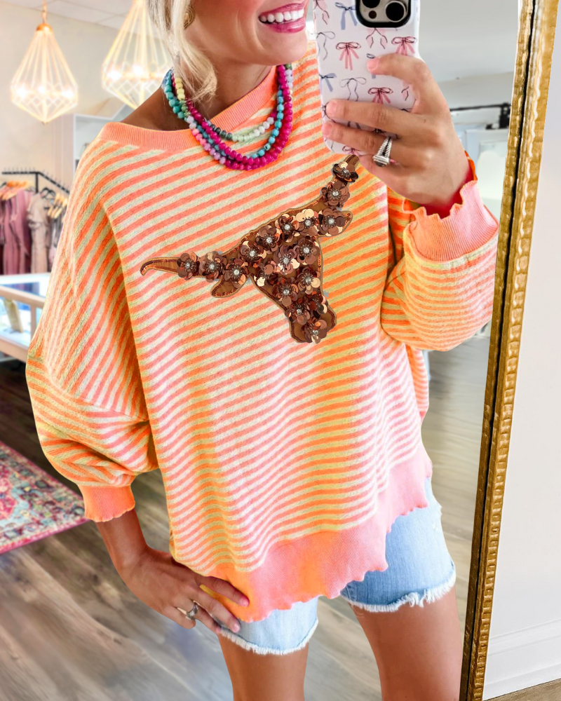 Unique Cow Sequin Striped Sweatshirt