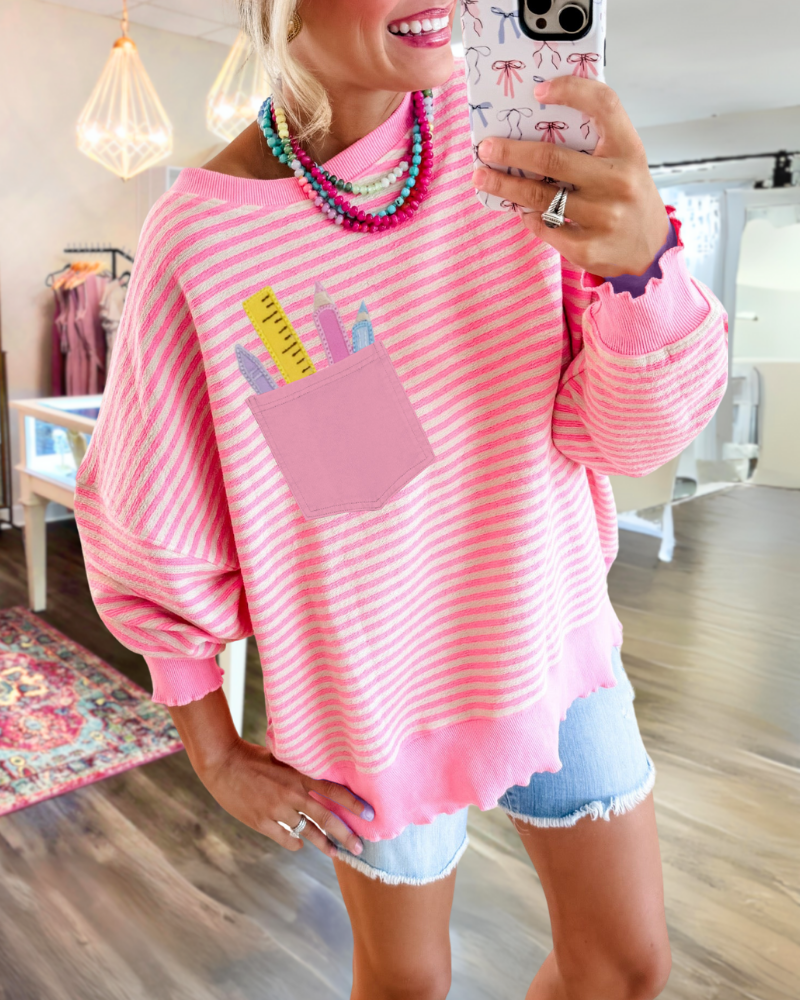 Pencil Pocket Embroidered Striped Sweatshirt
