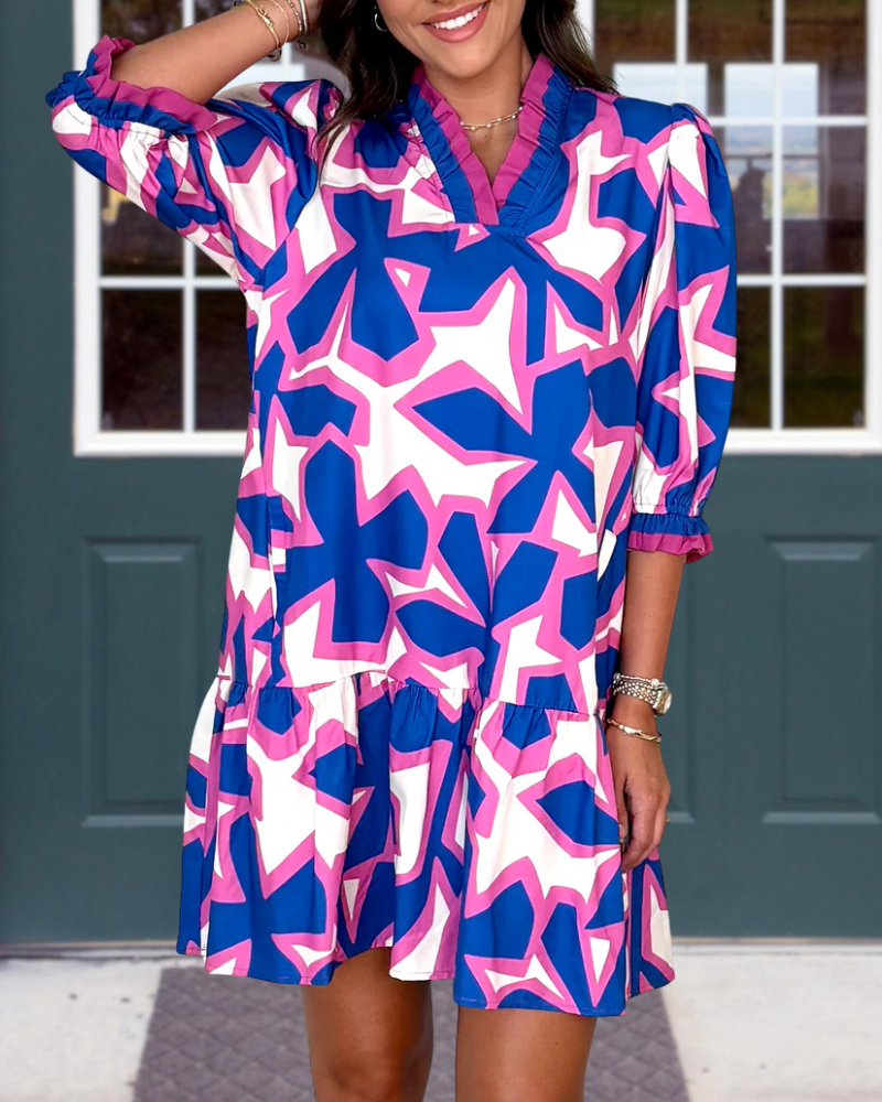 Ruffled Abstract Print Satin Dress