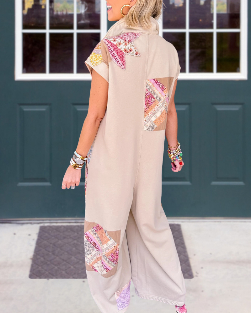Floral Patchwork Half-Open Collar Jumpsuit