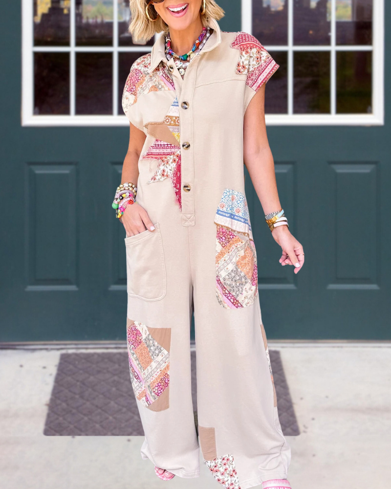 Floral Patchwork Half-Open Collar Jumpsuit