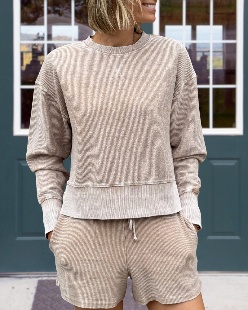 Casual Washed Ribbed Shorts Set