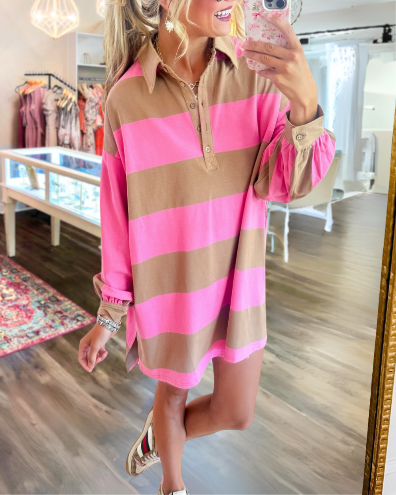 Colorblock Half-Open Collar Button Dress