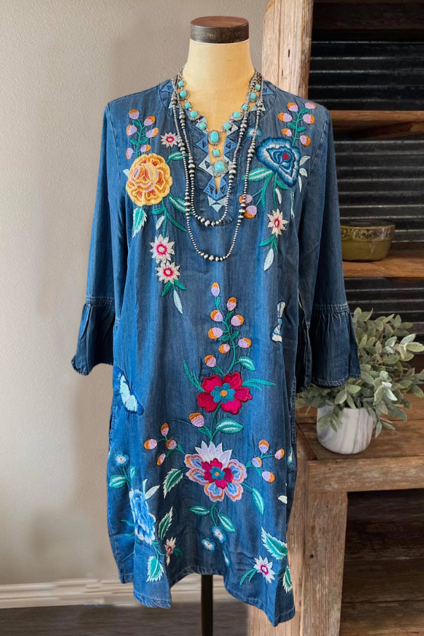 Denim Embroidery Ruffle Sleeve Dress