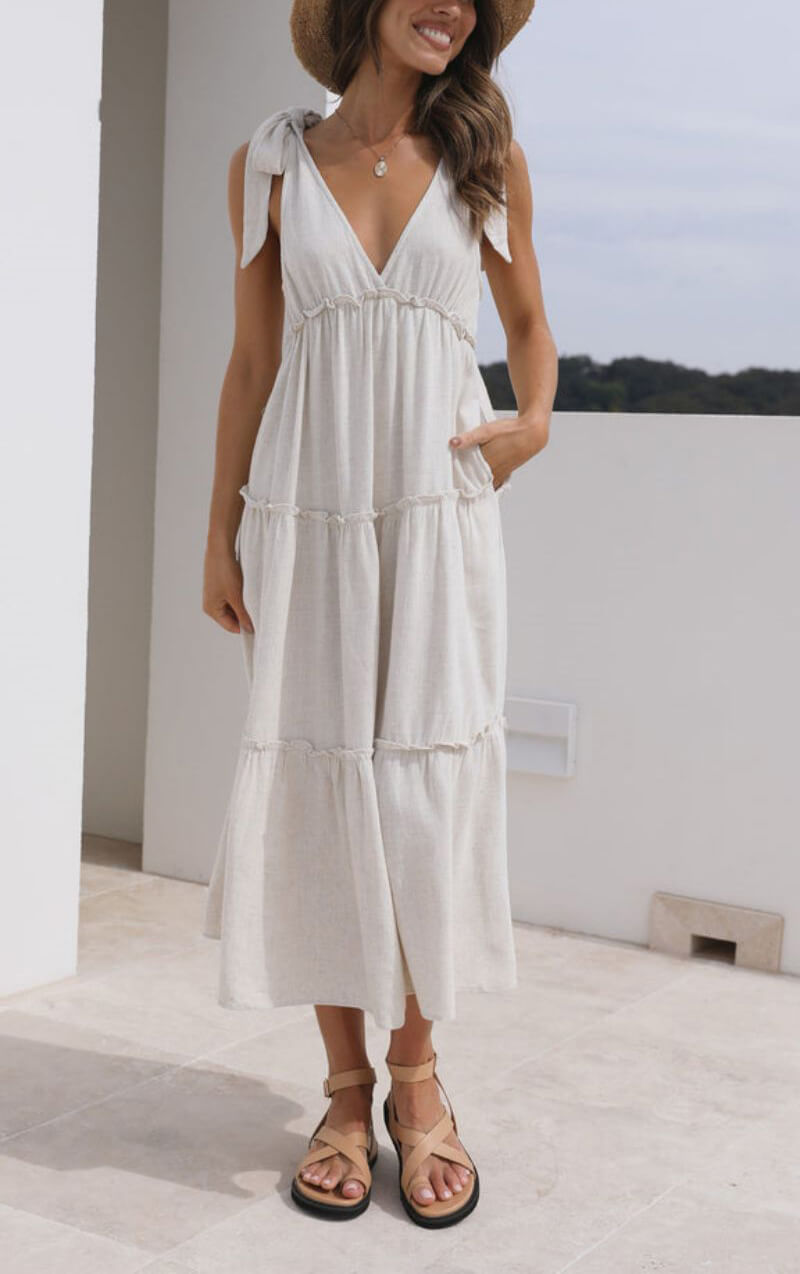 Elegant Linen V-Neck Tie Dress