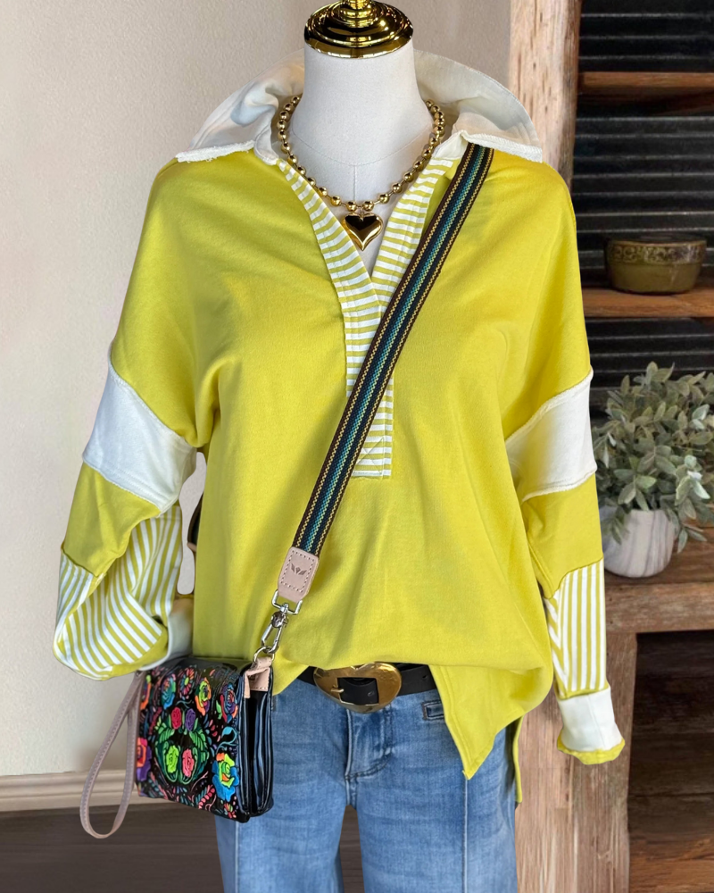 Striped Trim Half-Open Collar Pullover
