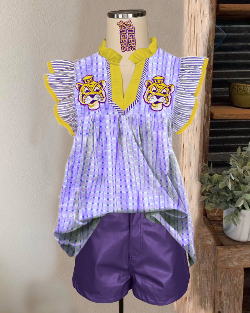 LSU Tiger Embroidered Plaid Top
