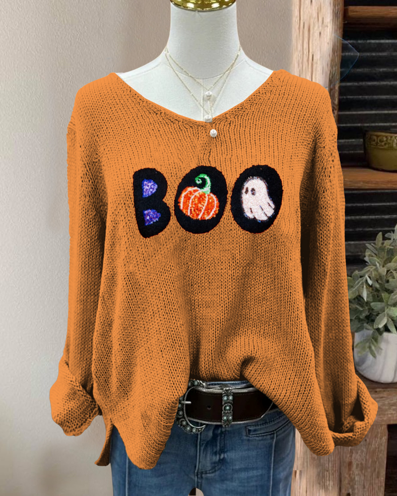 BOO Pumpkin Ghost Embroidered Sweater