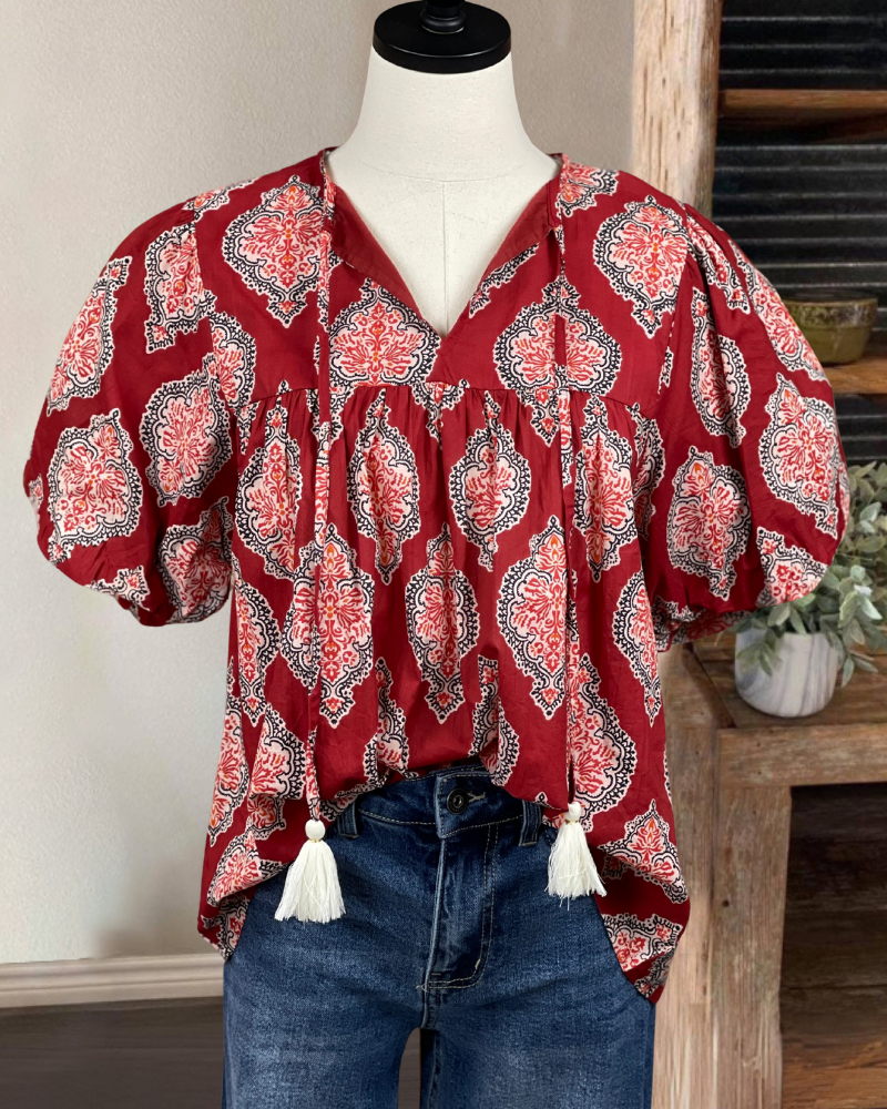 Classic Floral Tassel Tie Satin Top